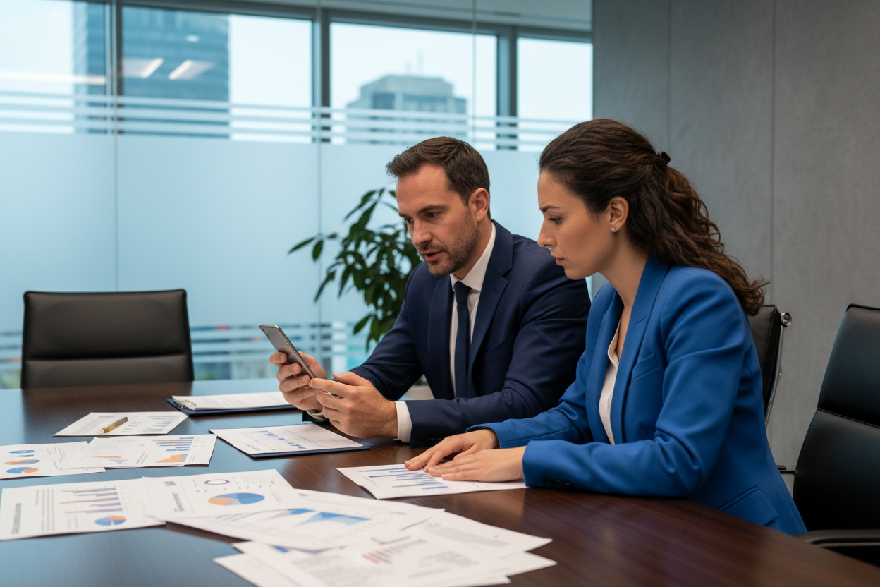 Business Meeting. Ein deutscher Mann im blauen Anzug und eine spanische Frau in blauen Kostüm sitzen an einem Schreibtisch. Es liegen viele Dokumente vor ihnen auf dem Tisch. Der Mann hält in einer Hand ein Handy. Die Frau sieht auf das Handy, hat ihre Hände aber auf dem Tisch. Der Mann spricht gerade in das Handy und schaut auch darauf. 